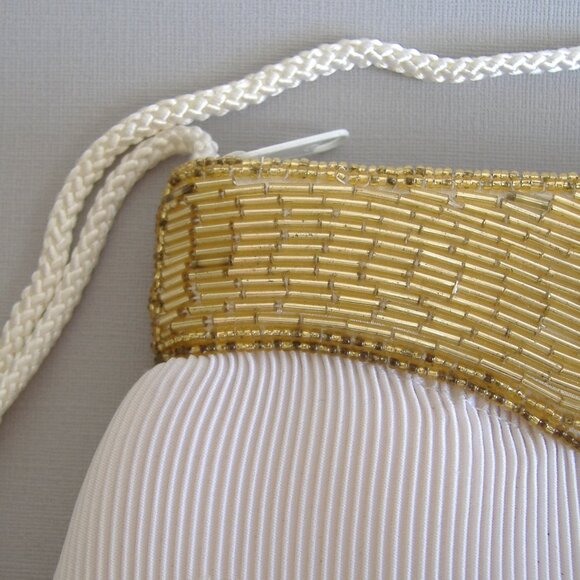 Gold Beaded Purse Evening Bag Clutch White Pleated Rayon Handbag Shoulder Strap - Picture 2 of 7